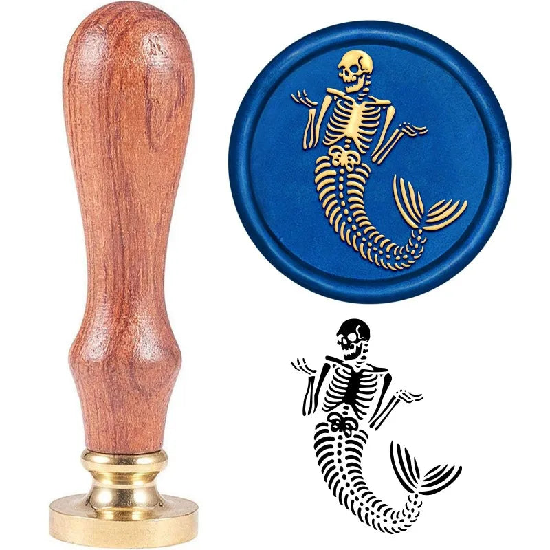 Skull Wax Seal Stamp for Halloween Invites, 30mm Brass Head with Wooden Handle