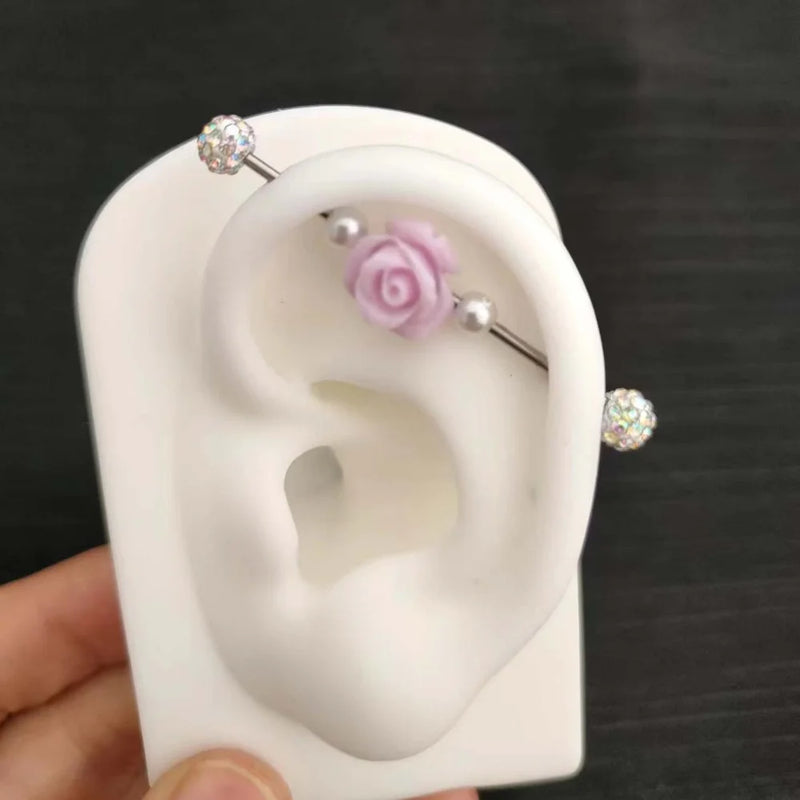 1PC Stainless Steel Industrial Piercing Rose Crystal Cartilage In The Ear