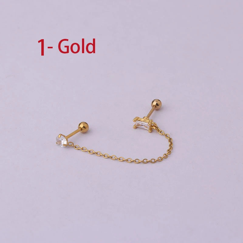 Stainless Steel Double Pierced Chain Earrings with Zircon Studs