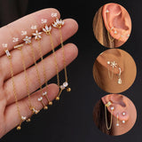 Stainless Steel Double Pierced Chain Earrings with Zircon Studs