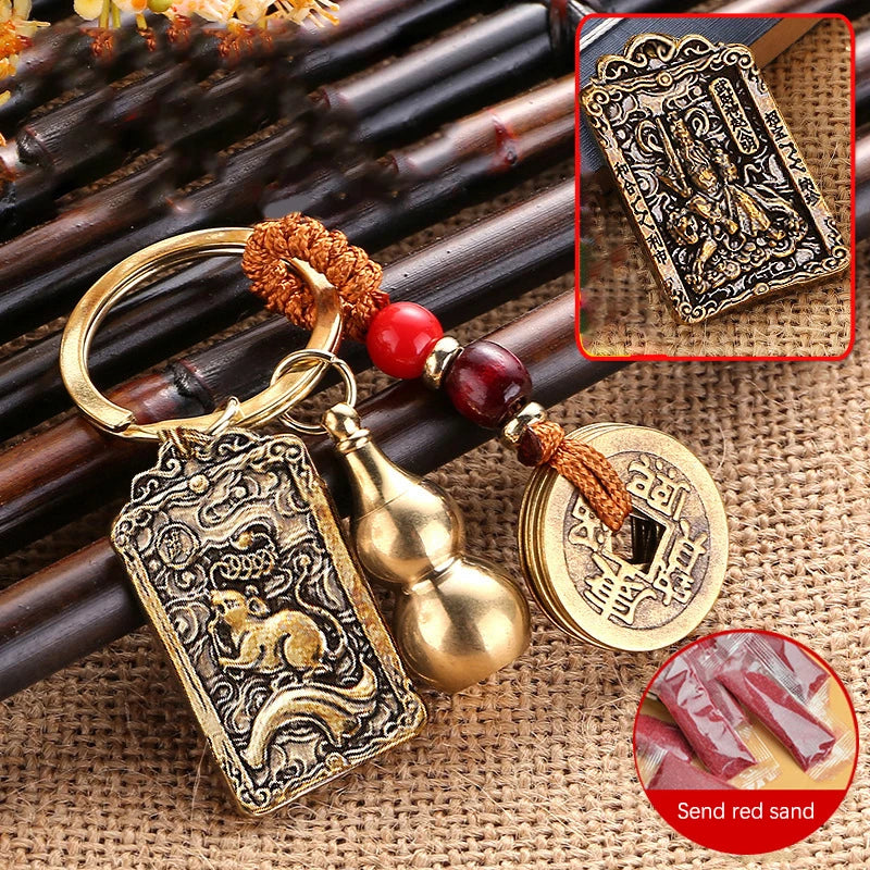 Vintage Chinese Zodiac Guardian God Keychain Cinnabar Gourd Car Pendant Buddha