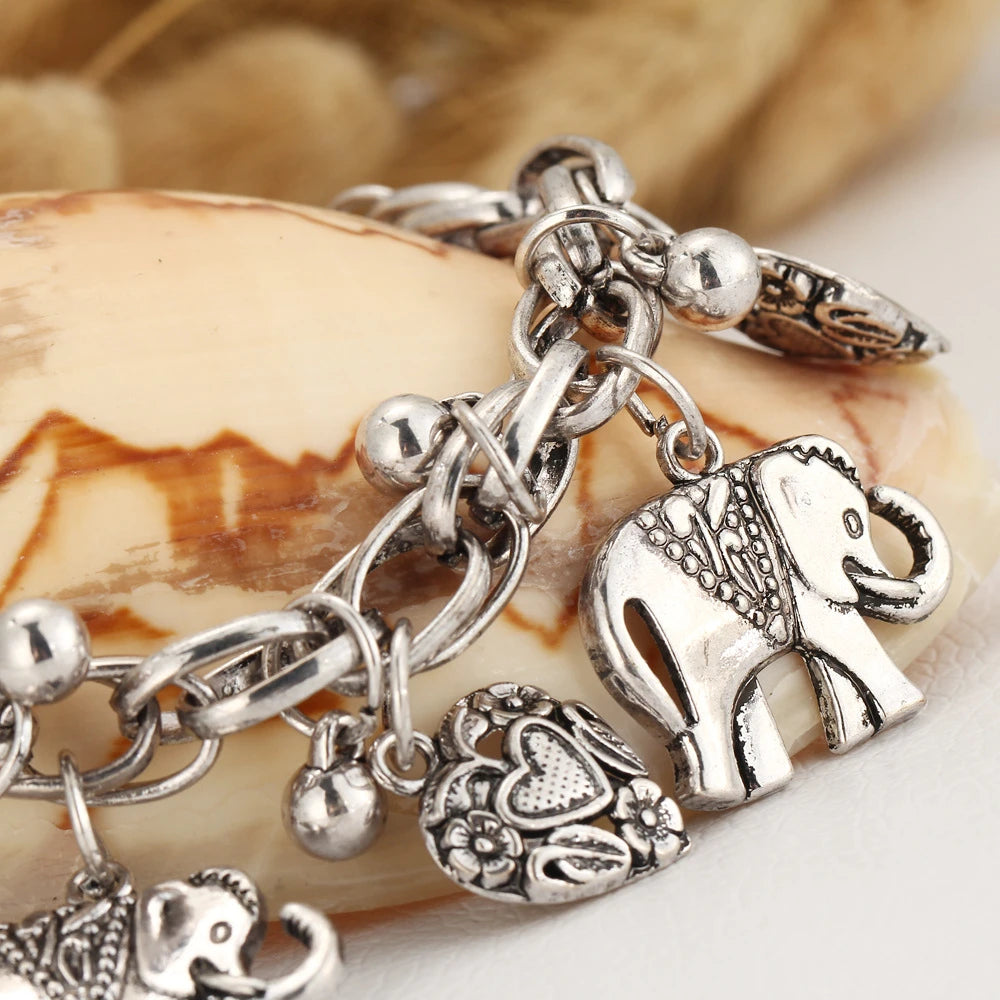 Vintage Elephant Anklet Bracelet Charms Heart Pendant Foot Chain Ankle Jewelry