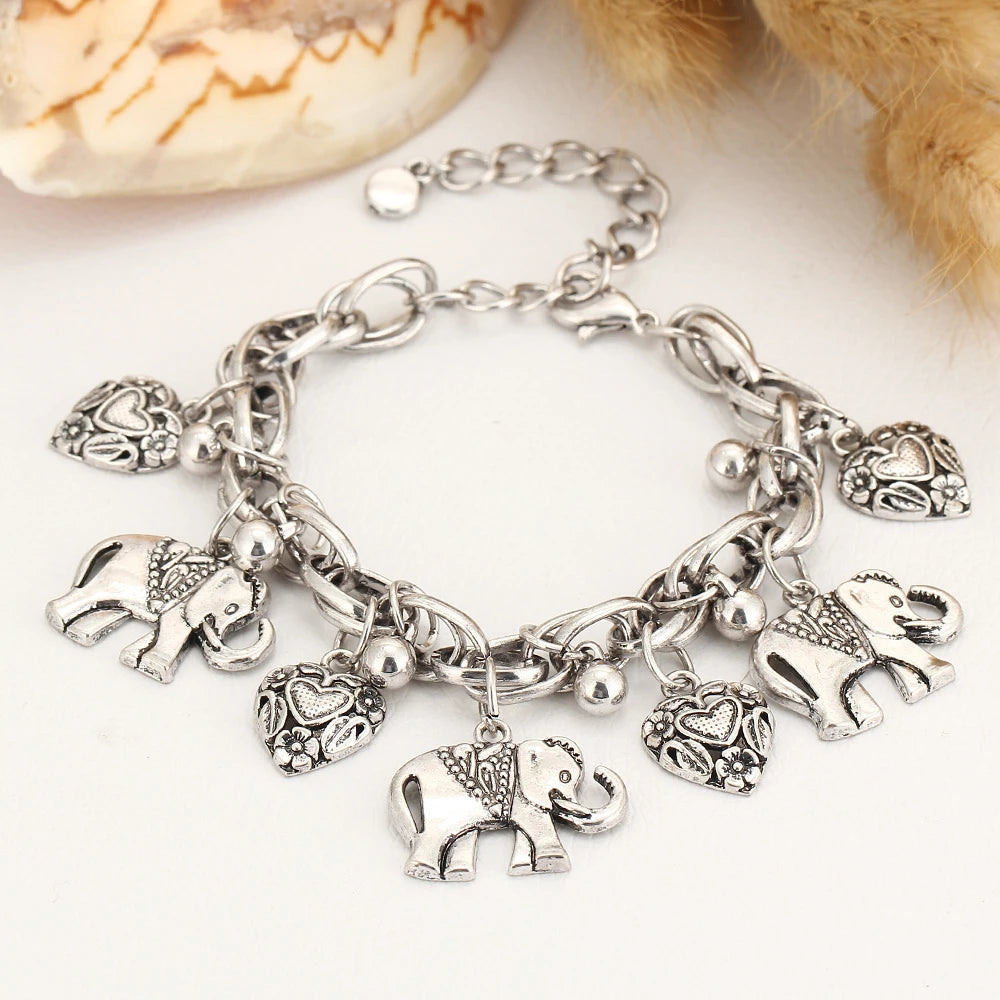 Vintage Elephant Anklet Bracelet Charms Heart Pendant Foot Chain Ankle Jewelry