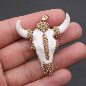 Bull Bone Pendant with Crystal Rhinestone for DIY Necklace Making