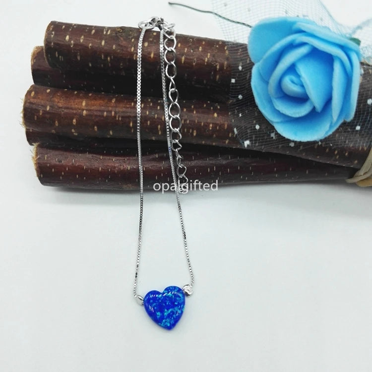 Opal Heart Bracelet 925 Sterling Silver Box Chain 10mm