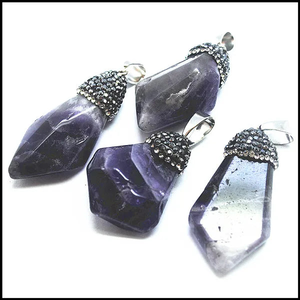 Natural Amethyst Stone Pendant with Rhinestone Decoration - Purple