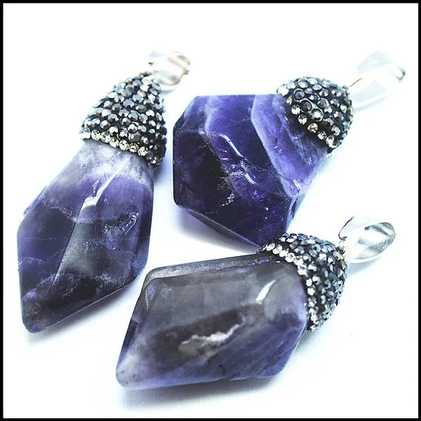 Natural Amethyst Stone Pendant with Rhinestone Decoration - Purple