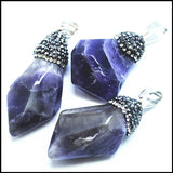 Natural Amethyst Stone Pendant with Rhinestone Decoration - Purple