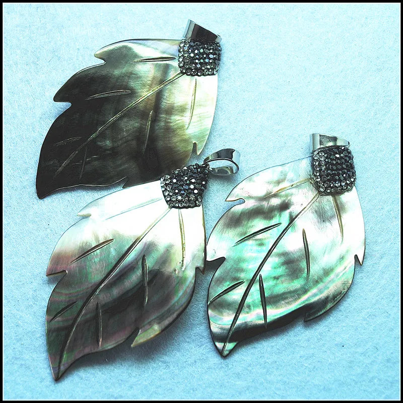 1PC Rhinestone Leaf Shell Pendant 65x45mm Mother of Pearl DIY Jewelry