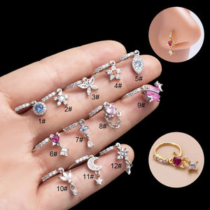 Colorful CZ Flower Butterfly Charm Nose Hoop Dangling Pendant Nose Ring