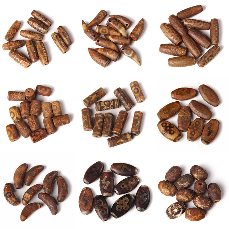 Antique Tibet Agates Dzi Beads Brown Geometric Stone Buddhist Beads