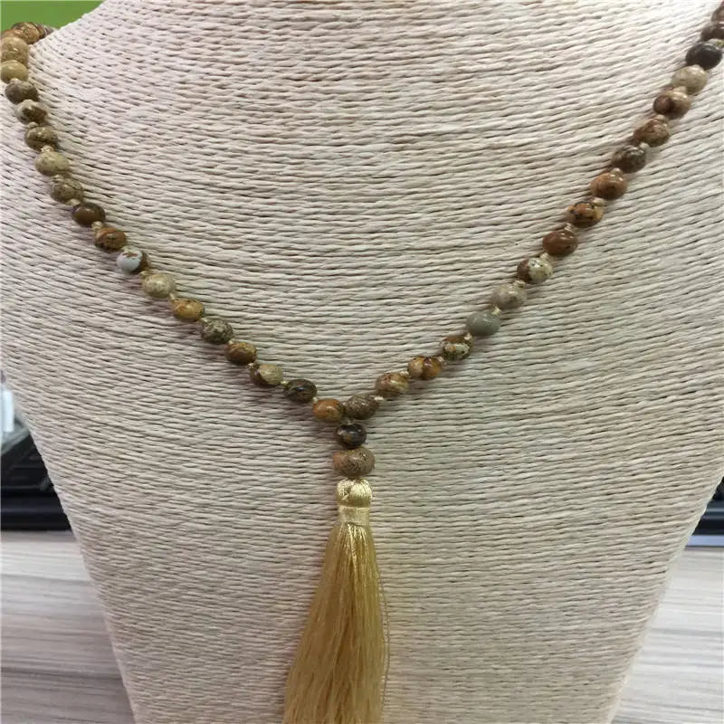 Natural Stone Beads Rosary Necklace with Tassel Pendant
