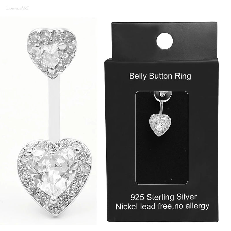 925 Silver CZ Belly Button Ring Heart Navel Piercing Sexy Body Jewelry