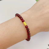 Real 24K Yellow Women Bracelet Luck Tube Bead with Garnet Beads Link Bracelet