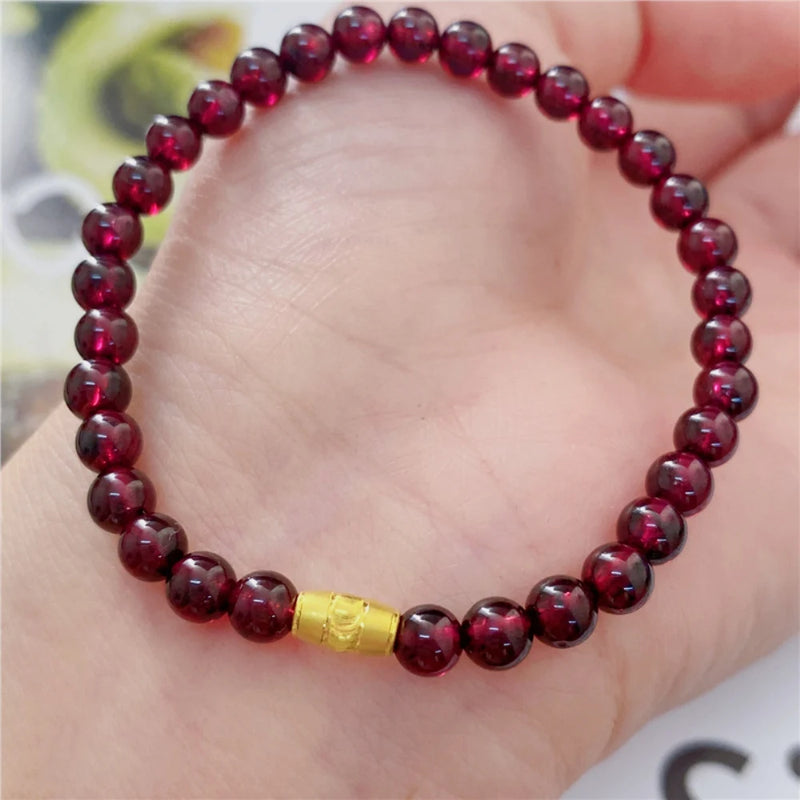 Real 24K Yellow Women Bracelet Luck Tube Bead with Garnet Beads Link Bracelet
