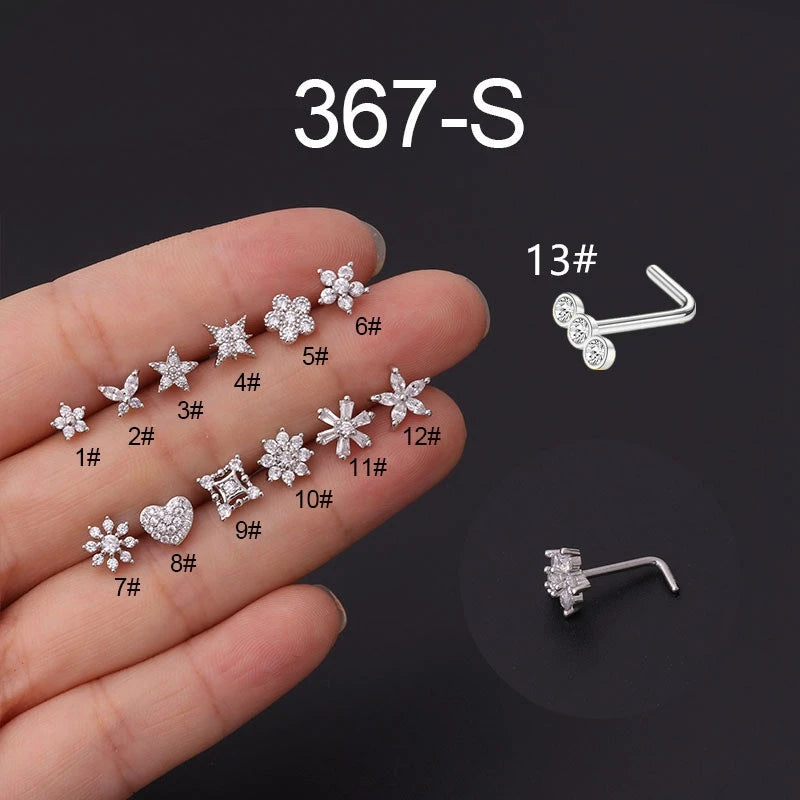Crystal Flower Nose Stud Stainless Steel Cz Heart Nose Ring Butterfly Piercing