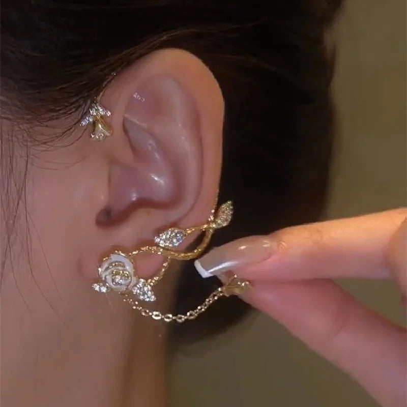 Rose Flower Rhinestone Tassel Ear Cuff for Women Girls Vintage Ear Bone Clip