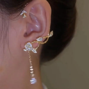 Rose Flower Rhinestone Tassel Ear Cuff for Women Girls Vintage Ear Bone Clip