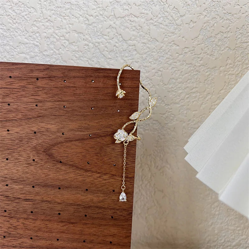 Rose Flower Rhinestone Tassel Ear Cuff for Women Girls Vintage Ear Bone Clip