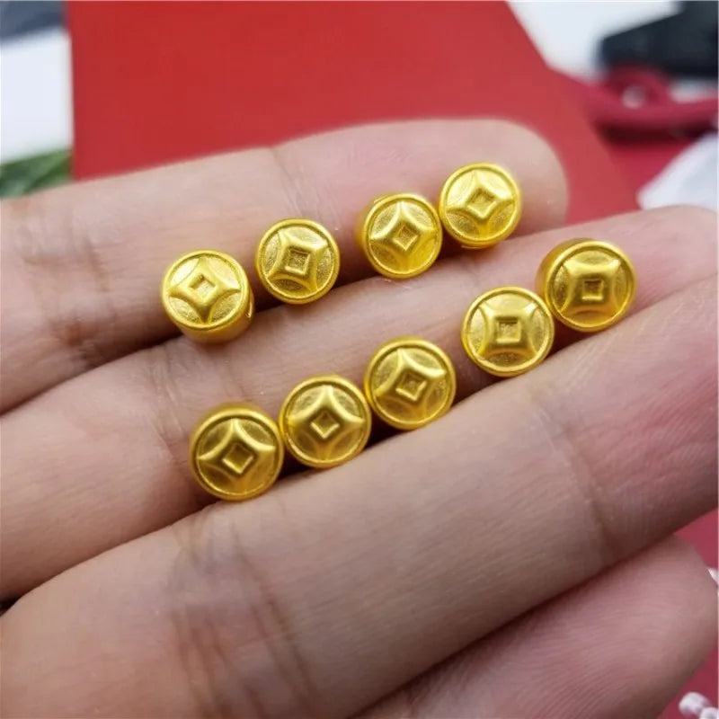 Real 24K Yellow Pendant Women Mini Luck Coin Bead 0.13-0.16g