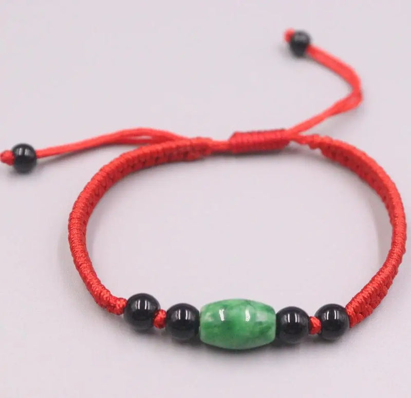 Lucky Green Bead Jade Bracelet Red Rope Weave Luck 16cmL