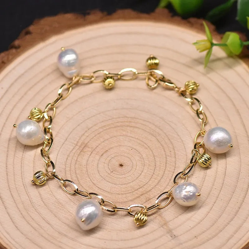 Women Baroque Pearl Bracelet Adjustable Chain Bangle Wedding Party Jewelry