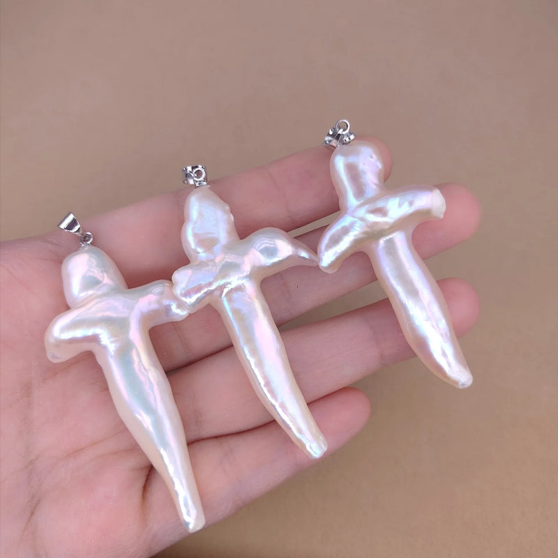 Freshwater Pearl Cross Pendant Necklace 25-40MM Natural Beads
