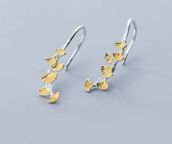 925 Sterling Silver Golden Ginkgo Leaf Dangle Earrings GTLE2557