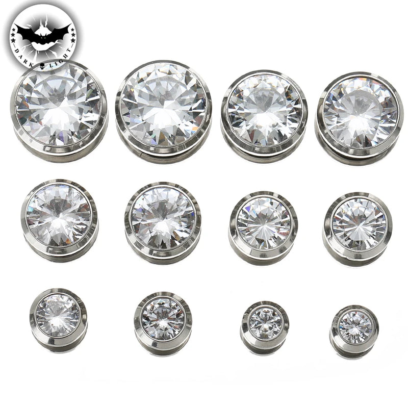 CZ Ear Tunnel Stainless Steel Plugs Gem Gauges Body Piercing 3-25mm