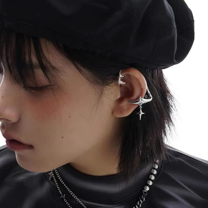Silver Star Clip Earrings No Piercing Rhinestone Earcuffs Statement Jewelry
