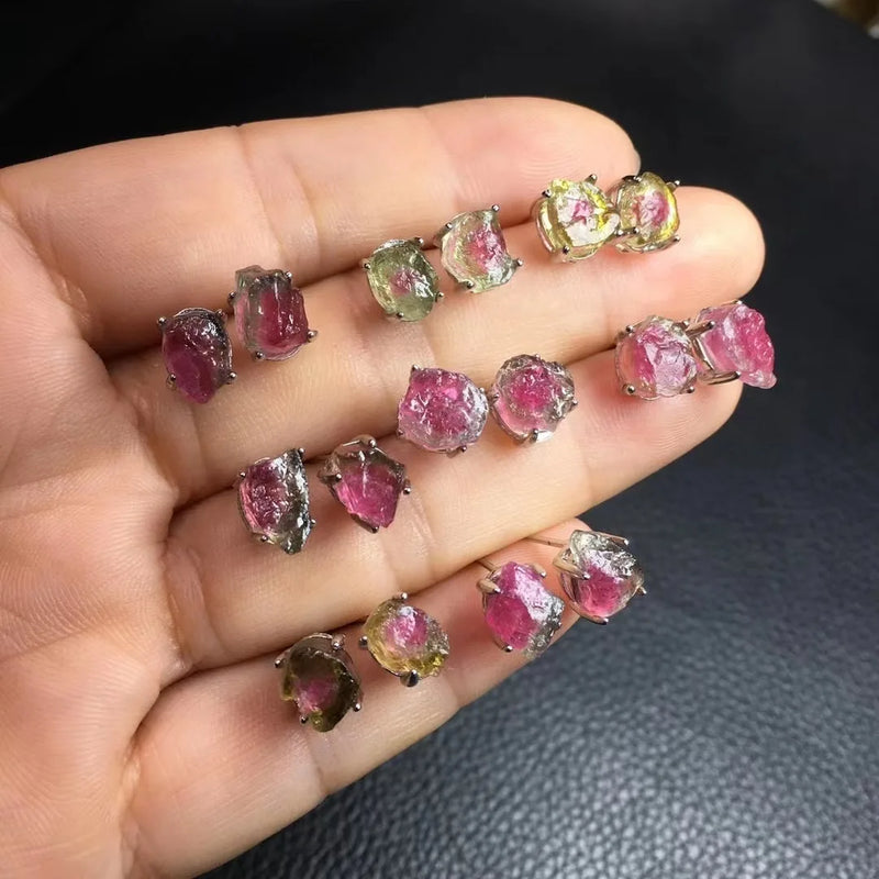 Fengbaowu Watermelon Tourmaline Earrings 925 Silver Crystal Jewelry