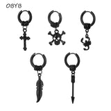 Kpop Feather Cross Dangle Earrings Geometric Punk Stainless Steel Hoop Tassel