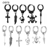 Kpop Feather Cross Dangle Earrings Geometric Punk Stainless Steel Hoop Tassel