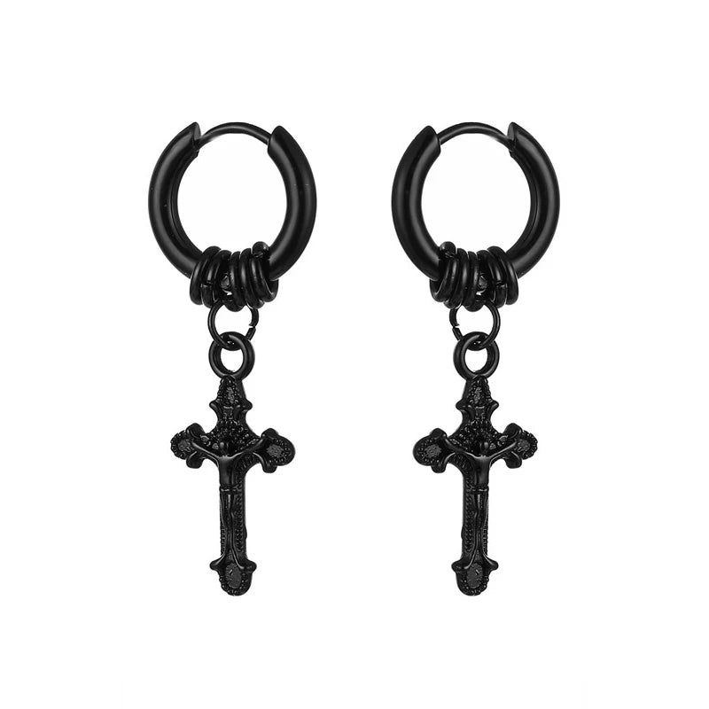 Kpop Feather Cross Dangle Earrings Geometric Punk Stainless Steel Hoop Tassel