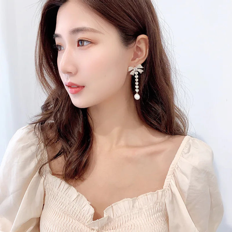 Bowknot Earrings Drop Pearl Shine Korea Silver Needle Earrings
