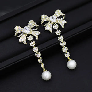 Bowknot Earrings Drop Pearl Shine Korea Silver Needle Earrings