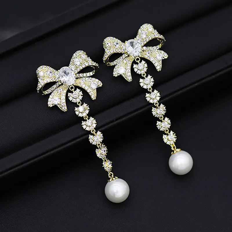 Bowknot Earrings Drop Pearl Shine Korea Silver Needle Earrings