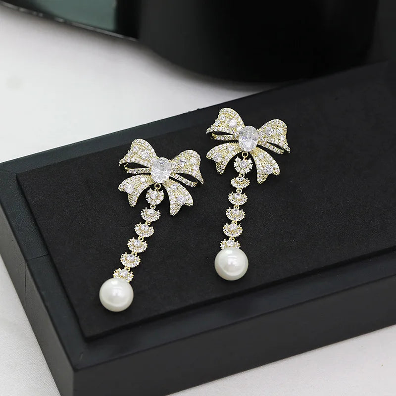 Bowknot Earrings Drop Pearl Shine Korea Silver Needle Earrings