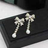 Bowknot Earrings Drop Pearl Shine Korea Silver Needle Earrings