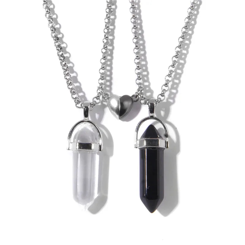 Magnetic Heart Couple Necklace Quartz Crystal Pendant Gift