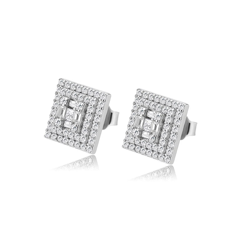 S925 Sterling Silver Square Stud Earrings Hip Hop CZ Rapper Jewelry