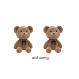 Small Plush Bear Stud Earrings Brown Flocking Animal Earring