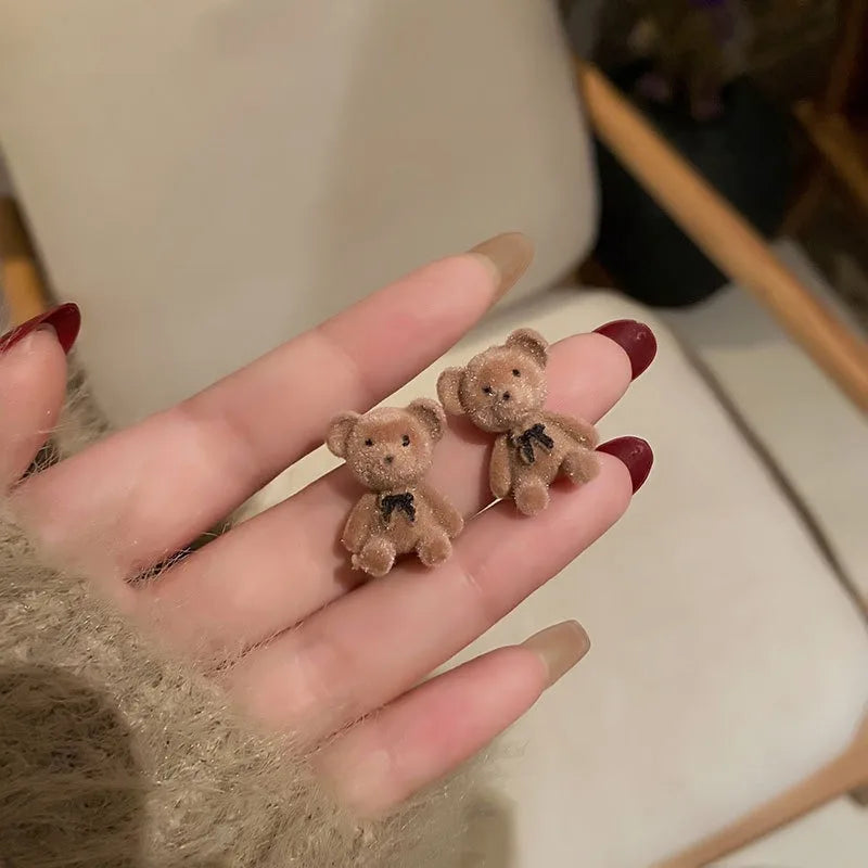 Small Plush Bear Stud Earrings Brown Flocking Animal Earring