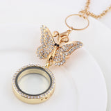 30mm Crystal Glass Photo Locket Butterfly Brooch Pendant Necklace Jewelry
