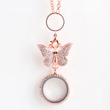 30mm Crystal Glass Photo Locket Butterfly Brooch Pendant Necklace Jewelry