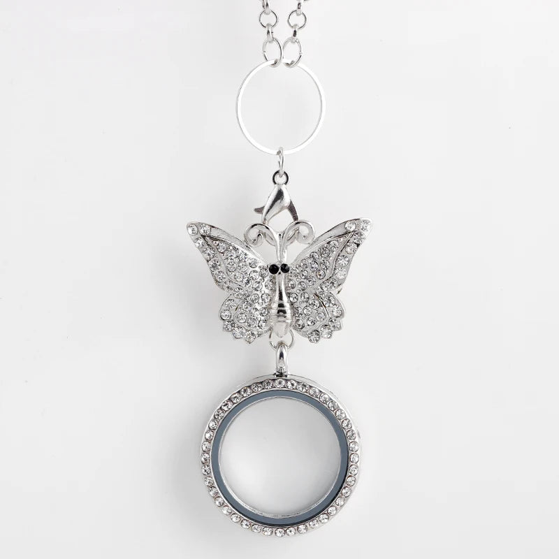 30mm Crystal Glass Photo Locket Butterfly Brooch Pendant Necklace Jewelry