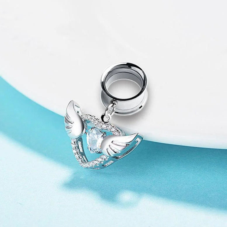 Crystal Heart Angel Wing Ear Tunnel Plugs Flesh Piercing Earrings