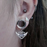 Crystal Heart Angel Wing Ear Tunnel Plugs Flesh Piercing Earrings