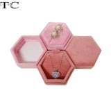 Hexagon Velvet Jewelry Box Double Ring Storage Woman Gift Necklace Case