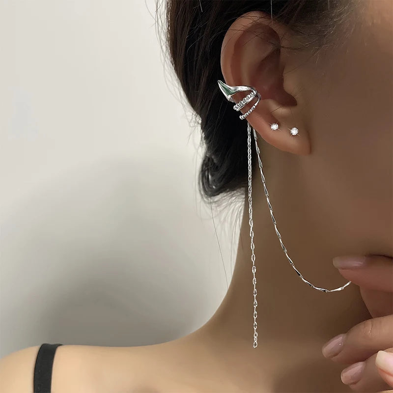 Long Tassel Ear Clip Gothic Fairy Silver Earring